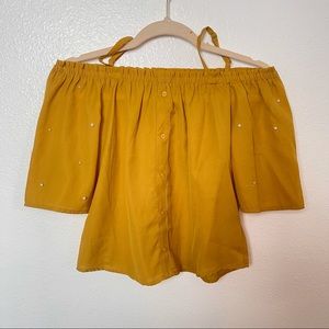 Speed limit mustard off shoulder blouse with pearl accents size L
